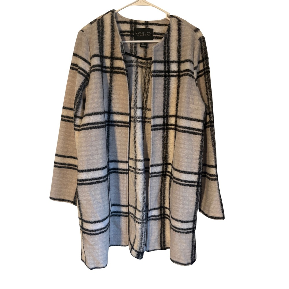 Rachel Zoe Women Grey Black Plaid Wool Blend Open Front Cardigan Jacket Large